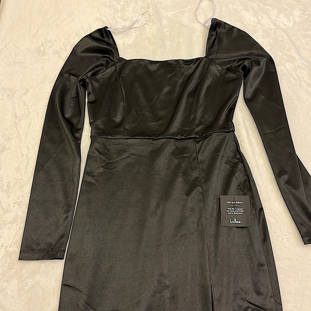 Fabulous Encounters Black Satin Long Sleeve Midi Dress